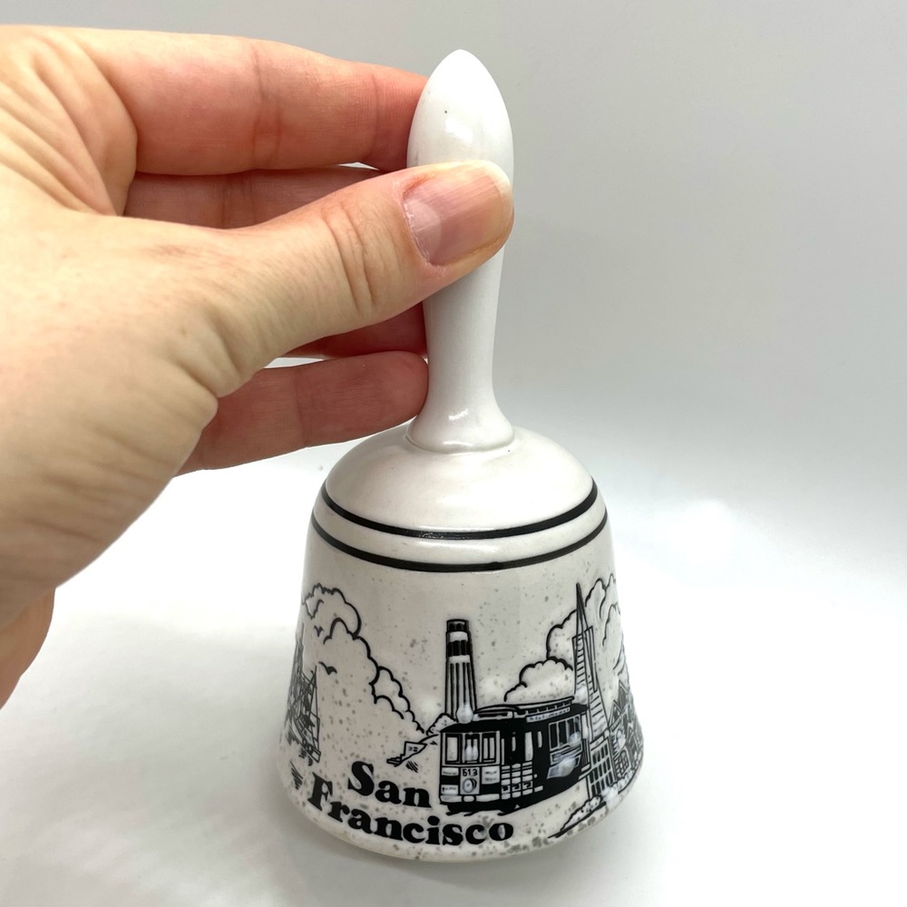 Vintage Stoneware Mico Bell San Francisco Souvenir White Black 5.25” Tall Gift